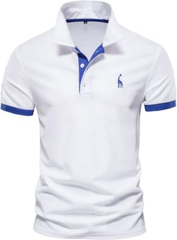 Men's Cotton Blend Polo Shirt, Short Sleeve, Embroidered Deer Pattern, Color Blocking, Button Closure XX-Large White