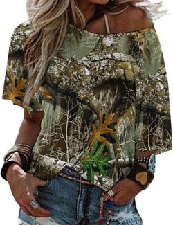 Autumn Hunting Tree Camo Pattern Womens Tops Sexy Off Shoulder Shirts Casual Short Sleeve T-Shirt Large