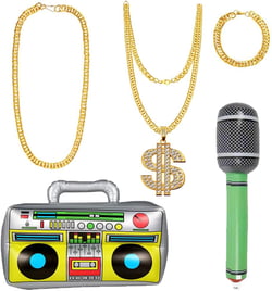 5 Pieces 80s/90s Hip Hop Costume Kit Cool Rapper Outfits Accessories with Inflatable Radio Box, microphone, Gold Chain, Gold Bracelet