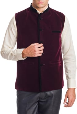 WINTAGE Men's Velvet Bandhgala Party Nehru Jacket Waistcoat - Four Colors 36 Dark Maroon