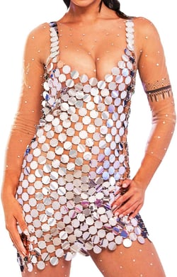 Aukmla Women Sparkly Sequin Chainmail Dress Silver Dots Disco Mini Dress Nightclub Sleevess V Neck Body Chain Dress One Size Silver