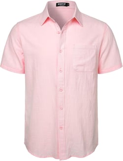 Mens Summer Cotton Linen Short Sleeve Button Down Shirt Casual Lightweight Tops with Pockets for Beach Vacation Small Pink