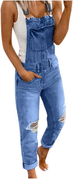 Women's Adjustable Strap Denim Overalls Vintage Ripped Bib Jumpsuit Summer Regular Fit Stretchy Jean Pants with Pockets Medium Dark Blue