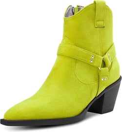 Aachcol Women Ankle Boots Short Bootie Square Toe Low Kitten Chunky Block Heel Western Cowboy Cowgirl Suede Zipper Dress Shoes 2.5 Inch 9.5 Lime Green