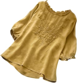 FindThy Women's Floral Embroidery Linen Shirts 3/4 Sleeve Round Neck Babydoll Tops Blouses 01 Yellow Large
