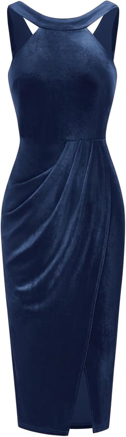 GRACE KARIN Women's Halterneck Sleeveless Ruched Bodycon Slit Velvet Wrap Party Cocktail Midi Dress (Navy, X-Large)