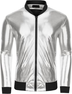 Lars Amadeus Men's Sparkle Shimmering Metallic Jacket Disco Party Shiny Bomber Jacket Medium Silver