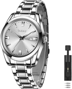 Mens Watch Luxury Dress Silver Watch for Men Analog Quartz Stainless Steel Minimalist Mens Waterproof Watches Day Date Large Wrists Watch Relojes para Hombres