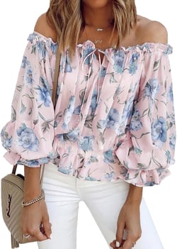 BLENCOT Summer Sexy Off Shoulder Tops for Women Boho Ruffle Sleeve Floral Chiffon Shirts Blouses X-Large Floral Print Purple Pink