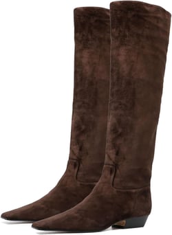 MOOMMO Women Flat Heel Knee High Boots Square Toe Pull On Long Boots Suede Slouch Low Heel Dress Boots Wide Calf Pleated Knee High Tall Boots Comfort Vintage Casual Walking Party 4-11 M US 7 Suede Dark Brown