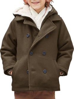 Haloumoning Boys Wool Blend Winter Coat Notched Collar Double Breasted Hooded Pea Coat Warm Outwear