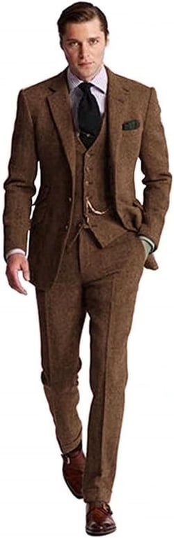 Retro 3 Piece Brown Grey Tweed Herringbone Men's Suits Slim Fit Groom Tuxedos Prom Blazer Custom Jacket
