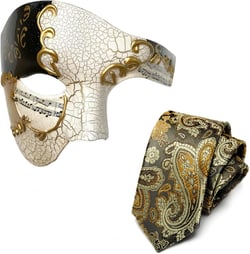 HyperFun Mens Masquerade Mask Phantom of The Opera Mask and Silk Necktie Set Venetian Half Face Ball Mask for Costume Parties Earl of Black Gold