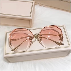 WILLWA Round Gradient Sunglasses Women Metal Curved Temples Eyewear Ocean Rimless Fashion Sun Glasses Ladies (Color : Double Pink, Size : 1)