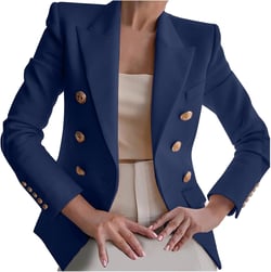 Blazers for Women 2024 Fall Fashion Double Breasted Notch Lapel Suit Jackets Slim Business Casual Outfits Coat Outwear Navy Medium