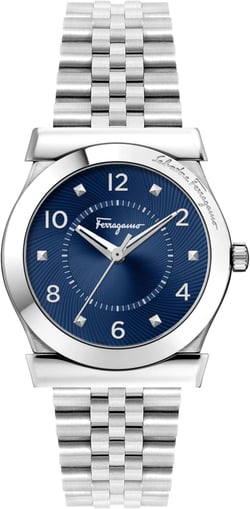 Ferragamo Womens Swiss Made Watch Vega Collection Featuring Stainless Steel 5 Link Bracelet with Silver Tones with Sophisticated Minimalist Blue Dial and Stainless Steel Details Swiss Quartz Movement