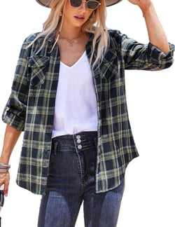 Zeagoo Womens Flannels Plaid Shirt Cotton Check Gingham Top Dark Navy Small Long Sleeve