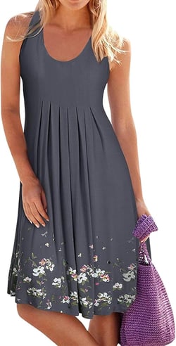 Sundresses for Women Summer Floral Print Pleated Hem Midi Dress Casual U Neck Sleeveless A Line Beach Dress