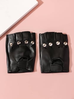 1pair Half Finger Studded Leather Performance Gloves For Children Aged 8-15