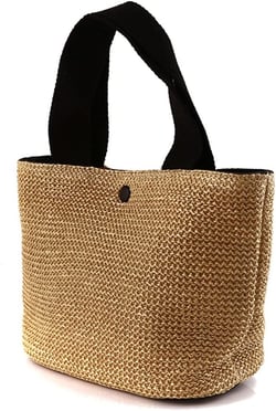 1 Piece Summer Beach Rattan Bag Handwoven Shoulder Bags with Wide Shoulder Strap Women Straw Woven Tote (Black Handle)