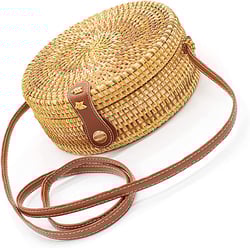 Happy Lily Women Handwoven Round Rattan Bag, Round Woven Straw Bag, Round Purse, Circle Tropical Beach Crossbody Bag Black Linging