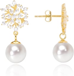 925 Sterling Silver Freshwater Real Pearl Drop Dangle Earrings Quality Pearl Hoop Earrings for Women Snowflake Gold Stud 7mm-8mm