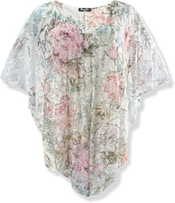 Brittany Black Women’s V-Neck 3/4 Sleeve Lace Poncho Floral Print Knit Blouse Pink Blue Soft Pastel Floral/White Stretch Lace 2X