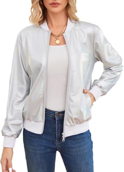 KANCY KOLE Womens 2024 Metallic Jacket Long Sleeve Front Zip Sparkle Shiny Party Bomber Blazer Top with Pockets