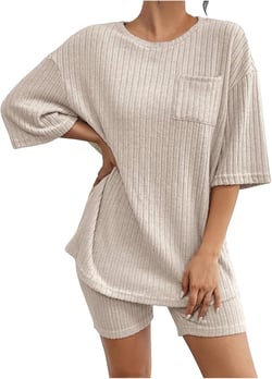 Women's 2 Pc Pajama Sets Ribbed Short Sleeve Crew Neck Top Above Knee Shorts Solid Color Loose Comfy Casual Loungewear Sets Z10-beige Large