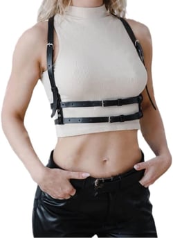 HLJA Punk Waist Harness Belt Fashion Body Chain 28''-37'' Black Leather Goth Rave Adjustable Body Corset Accessories for Women and Girls Leather Blackfor Party,Cosplay, Dating